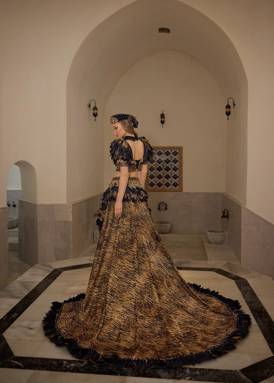 Black Gold Embroidered Layered Traditional Long Party Dress With Detachable Skirt