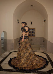 Black Gold Embroidered Layered Traditional Long Party Dress With Detachable Skirt
