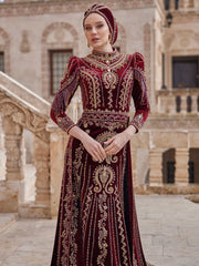 Burgundy Red Velvet Turtle Neck İslamic Henna Hijab Long Dress With Sleeves