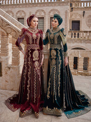 buy plus size luxury Burgundy Muslim Women Evening Formal Party Hijab Kaftan Dress With Detachable Train online sshop