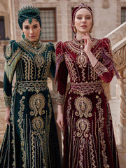 Burgundy Red Velvet Turtle Neck İslamic Henna Hijab Long Dress With Sleeves