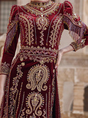 Burgundy Red Velvet Turtle Neck İslamic Henna Hijab Long Dress With Sleeves