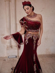 Fancy Burgundy One Shoulder Mermaid Beaded Two Piece Henna Night Dress
