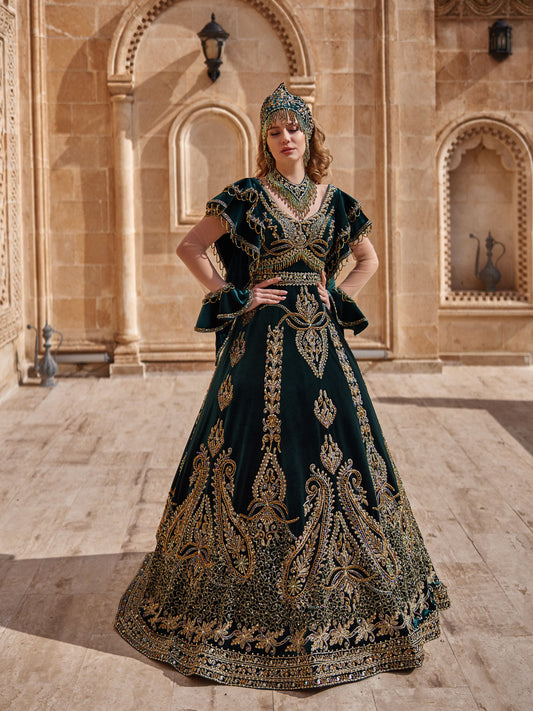 buy online evening Emerald A Line Frill Sleeves Maxi Scoop Neck Henna Night Dress luxury henna kaftan gown