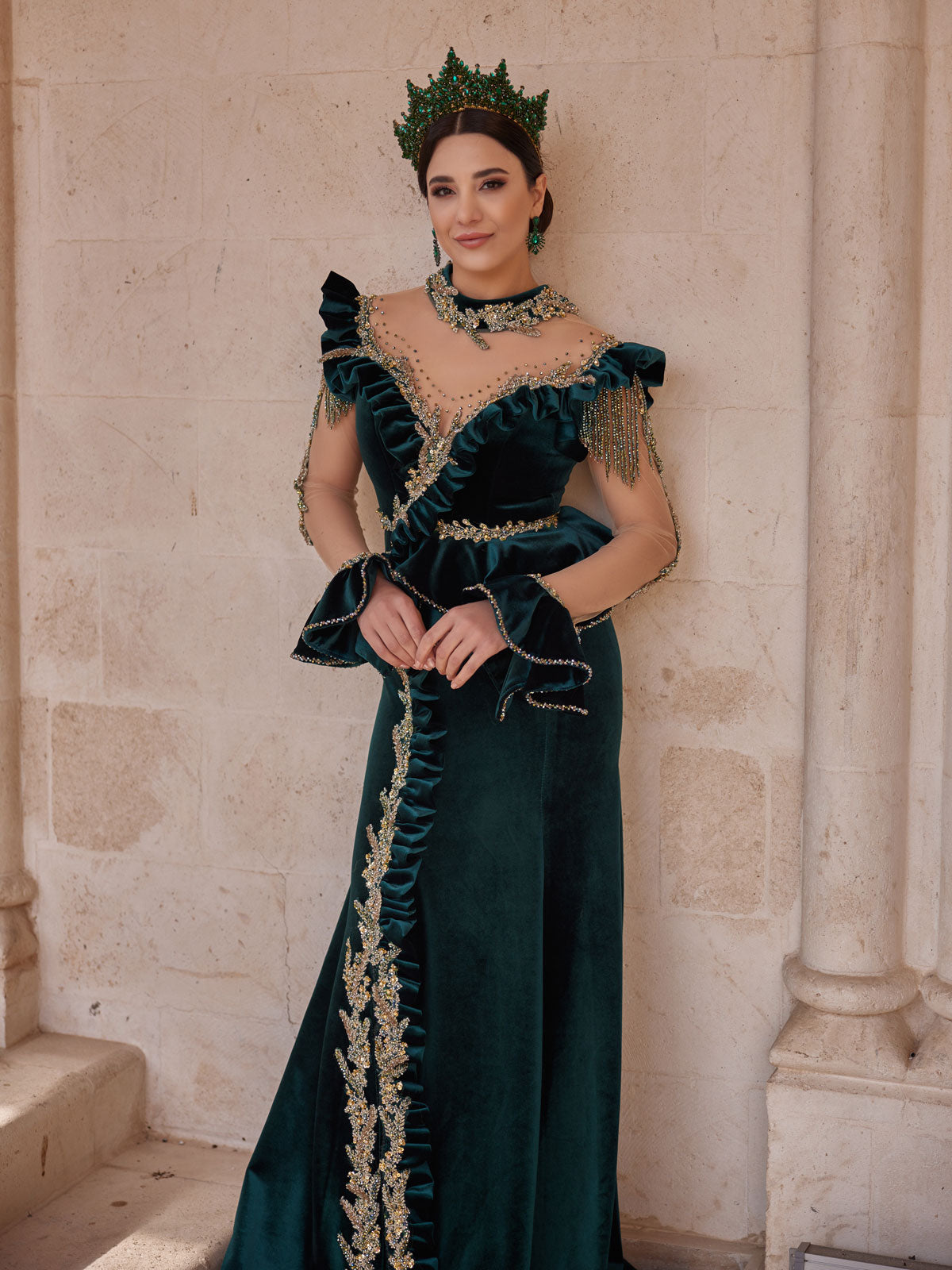 buy fancy embellished turtle neck green front embellished slit long sleeve henna kaftan mermaid dress kaftans online shopping