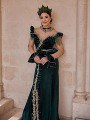 buy fancy embellished turtle neck green front embellished slit long sleeve henna kaftan mermaid dress kaftans online shopping