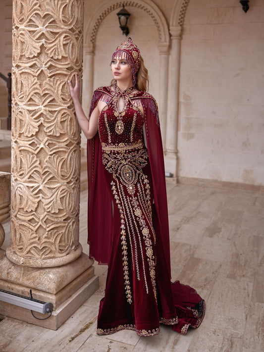 buy plus size Burgundy Gold Embroidered Cape Sleeve Long Mermaid Turkish Henna Dress kaftans online shop