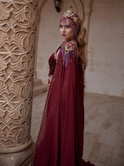Burgundy Gold Embroidered Cape Sleeve Long Mermaid Turkish Henna Dress