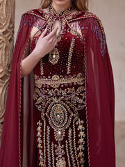 Burgundy Gold Embroidered Cape Sleeve Long Mermaid Turkish Henna Dress