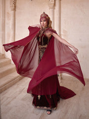 Burgundy Gold Embroidered Cape Sleeve Long Mermaid Turkish Henna Dress