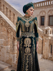 Green Velvet İslamic Gold Embroidered Beaded Hijab Engagement Party Dress