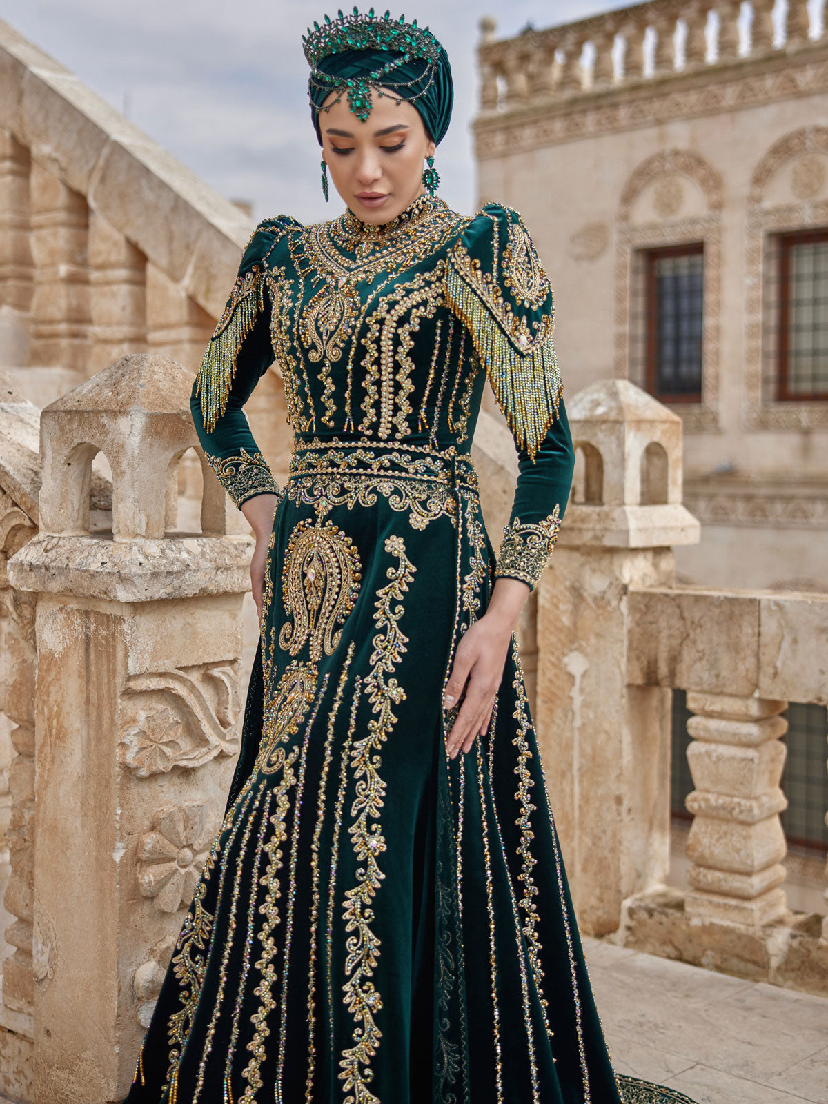 buyb custom size luxury Green Velvet İslamic Gold Embroidered Beaded Hijab Engagement Party Dress online engagement party dresses store