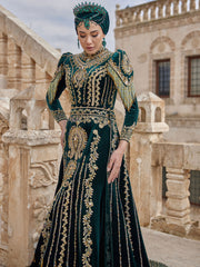 buyb custom size luxury Green Velvet İslamic Gold Embroidered Beaded Hijab Engagement Party Dress online engagement party dresses store