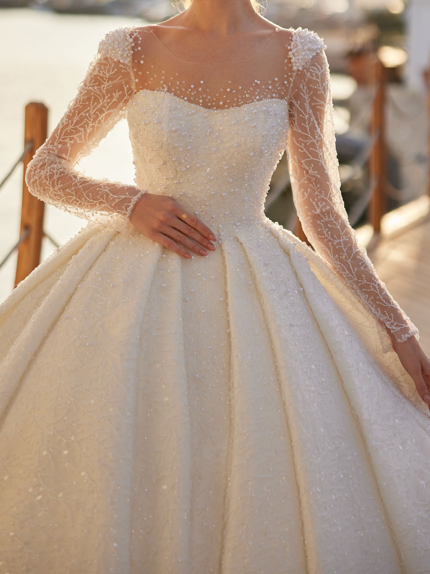 buy fancy pearl beaded long sleeves long white ball gown online bridal store