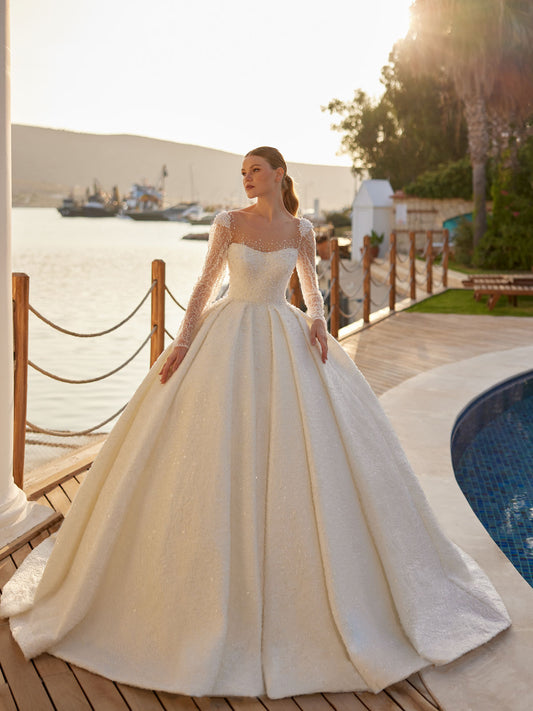 buy Beautiful Princess Ball Gown With Long Illusion Tulle Sleeves Bridal Gown