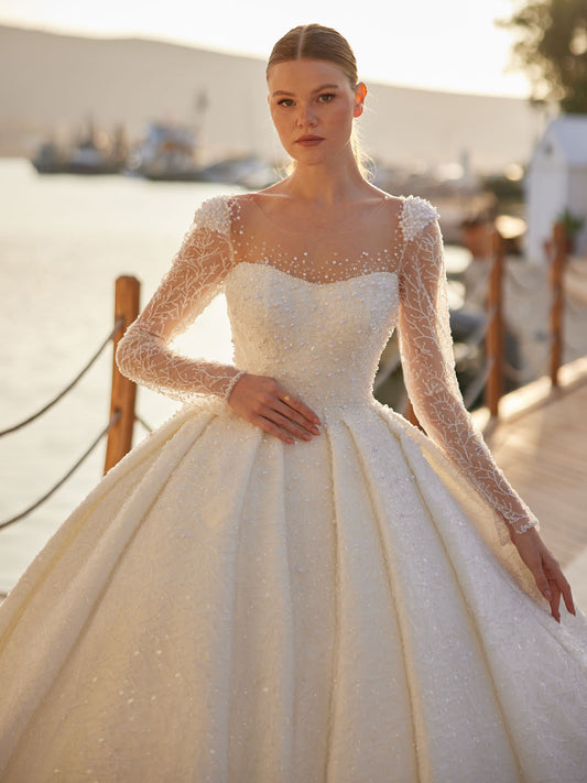 buy Royal Princess Ball Gown With Long Sleeves Pearl Beaded Wedding Gown