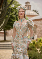 Plunge Neck Illusion Ivory Mermaid Stunning Party Gown With Flower Details