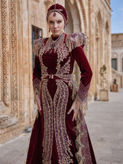 Burgundy Gold Lace Applique Mermaid Fitted Detachable Train Formal Henna Kaftan Dress
