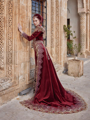 Burgundy Gold Lace Applique Mermaid Fitted Detachable Train Formal Henna Kaftan Dress