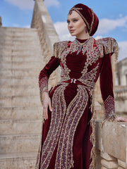 Burgundy Gold Lace Applique Mermaid Fitted Detachable Train Formal Henna Kaftan Dress
