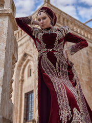 Burgundy Gold Lace Applique Mermaid Fitted Detachable Train Formal Henna Kaftan Dress