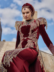 Burgundy Gold Lace Applique Mermaid Fitted Detachable Train Formal Henna Kaftan Dress