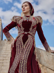 Burgundy Gold Lace Applique Mermaid Fitted Detachable Train Formal Henna Kaftan Dress