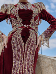 Burgundy Gold Lace Applique Mermaid Fitted Detachable Train Formal Henna Kaftan Dress