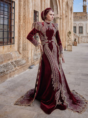 Burgundy Gold Lace Applique Mermaid Fitted Detachable Train Formal Henna Kaftan Dress