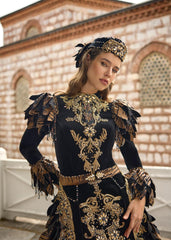 Long Sleeve Embroidered Beaded Black Velvet Mermaid Gown With Skirt