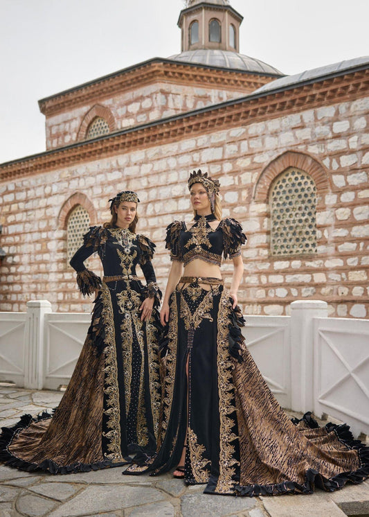 Long Sleeve Embroidered Beaded Black Velvet Mermaid Gown With Skirt