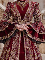 Nice Red High Neck Long Sleeve Velvet Long Ottoman Henna Evening Kaftan Gown