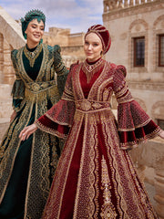 Nice Red High Neck Long Sleeve Velvet Long Ottoman Henna Evening Kaftan Gown