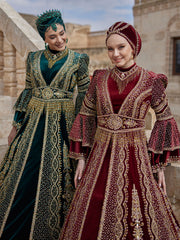 Nice Red High Neck Long Sleeve Velvet Long Ottoman Henna Evening Kaftan Gown