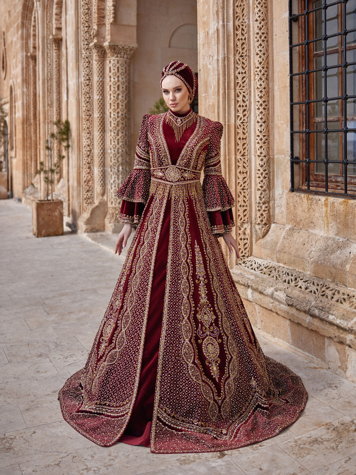 buy petite luxury Luxury High Neck Red Ottoman Henna Kaftan Gown Dress With Frill Long Sleeves prom dress boutiques online