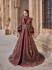 buy petite luxury Luxury High Neck Red Ottoman Henna Kaftan Gown Dress With Frill Long Sleeves prom dress boutiques online