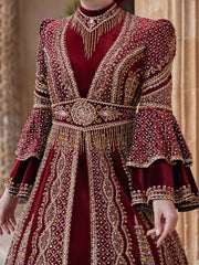 Nice Red High Neck Long Sleeve Velvet Long Ottoman Henna Evening Kaftan Gown