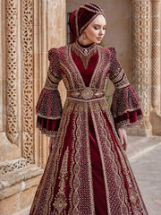 Nice Red High Neck Long Sleeve Velvet Long Ottoman Henna Evening Kaftan Gown