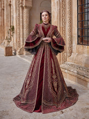 Nice Red High Neck Long Sleeve Velvet Long Ottoman Henna Evening Kaftan Gown