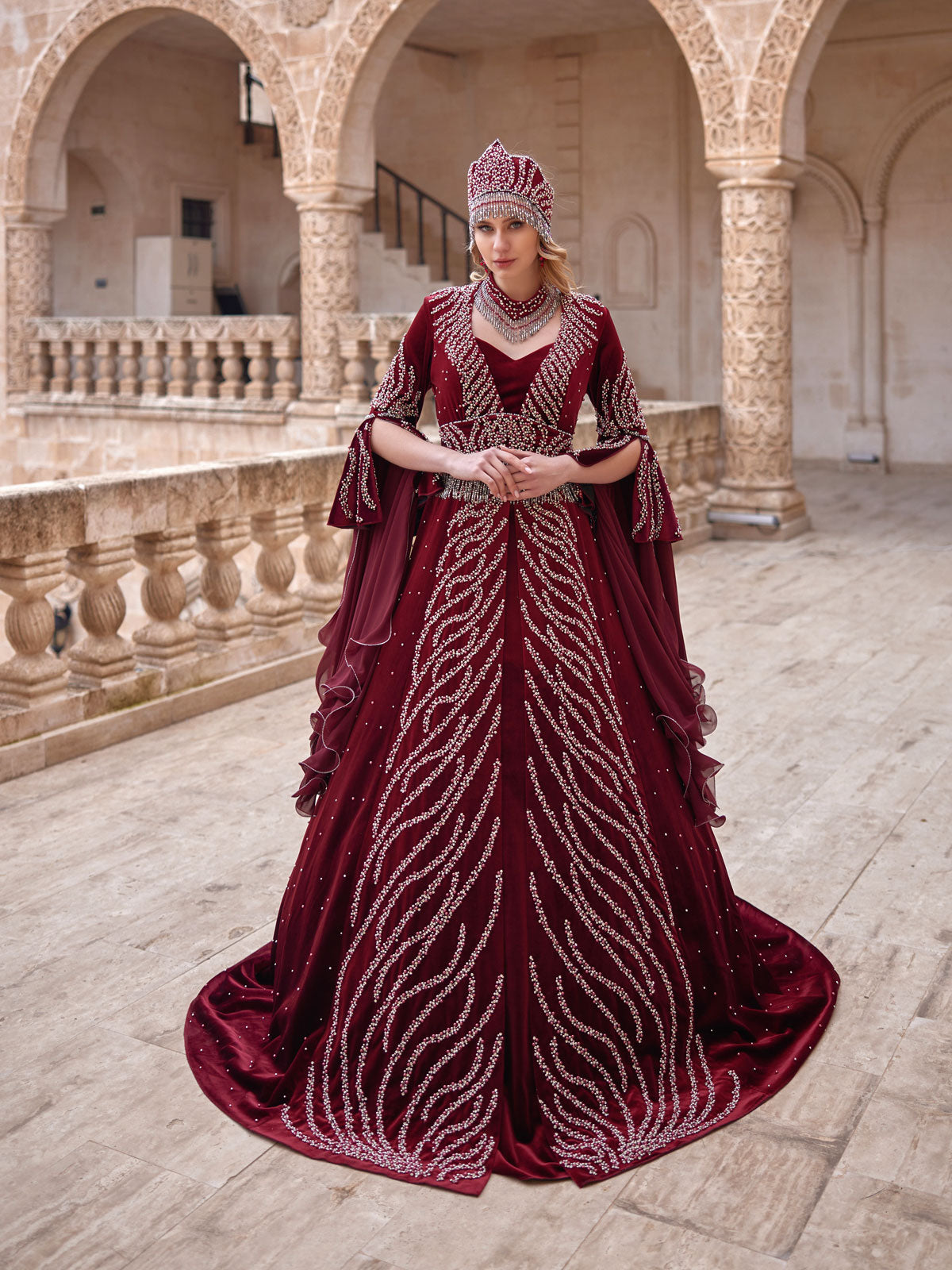 buy luxury custom size Elegant Chic Maroon Velvet Long Floral Beaded Henna Night Kaftan Gown online party dresses boutiques