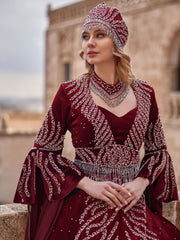 Elegant Chic Maroon Velvet Long Floral Beaded Henna Night Kaftan Gown