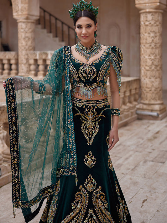 buy stunning shiny Beautiful Floral Embellished Green Velvet Separetes Mermaid Party Dress online gowns store