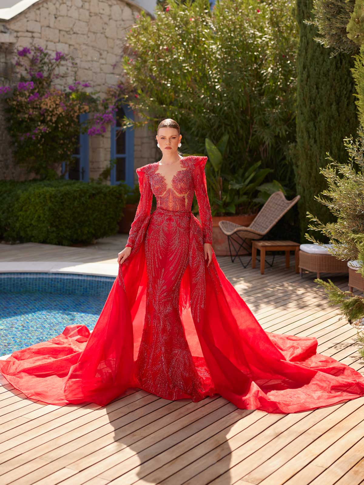 Chic Red Fitted Evening Formal Dress With Long Sleeve 36