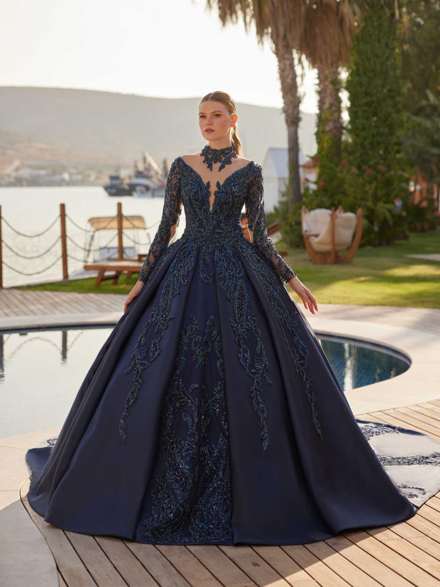 navy blue formal dress with sleeves Dark Prom Cap Sleeves,Satin Modest Evening Dress,PD004 Radiating beadwork enhances the waist and adds refined shimmer V Beaded V-Neck Long Sleeve Formal