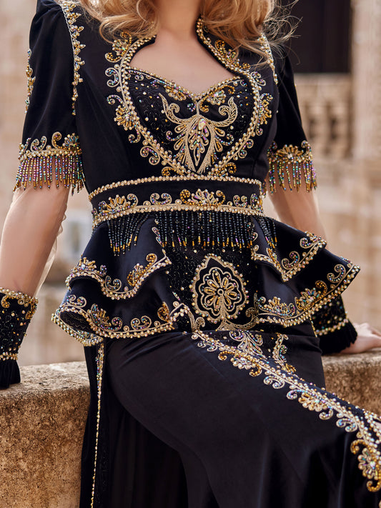 Bala Hatun Black Velvet Illusion Sleeve Front Slit Ruffle Sweetheart Mermaid Dress