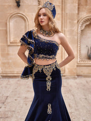 Royal Blue One Shoulder Two Piece Velvet CocKtail Party Mermaid Dress