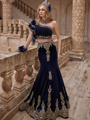 Royal Blue One Shoulder Two Piece Velvet CocKtail Party Mermaid Dress