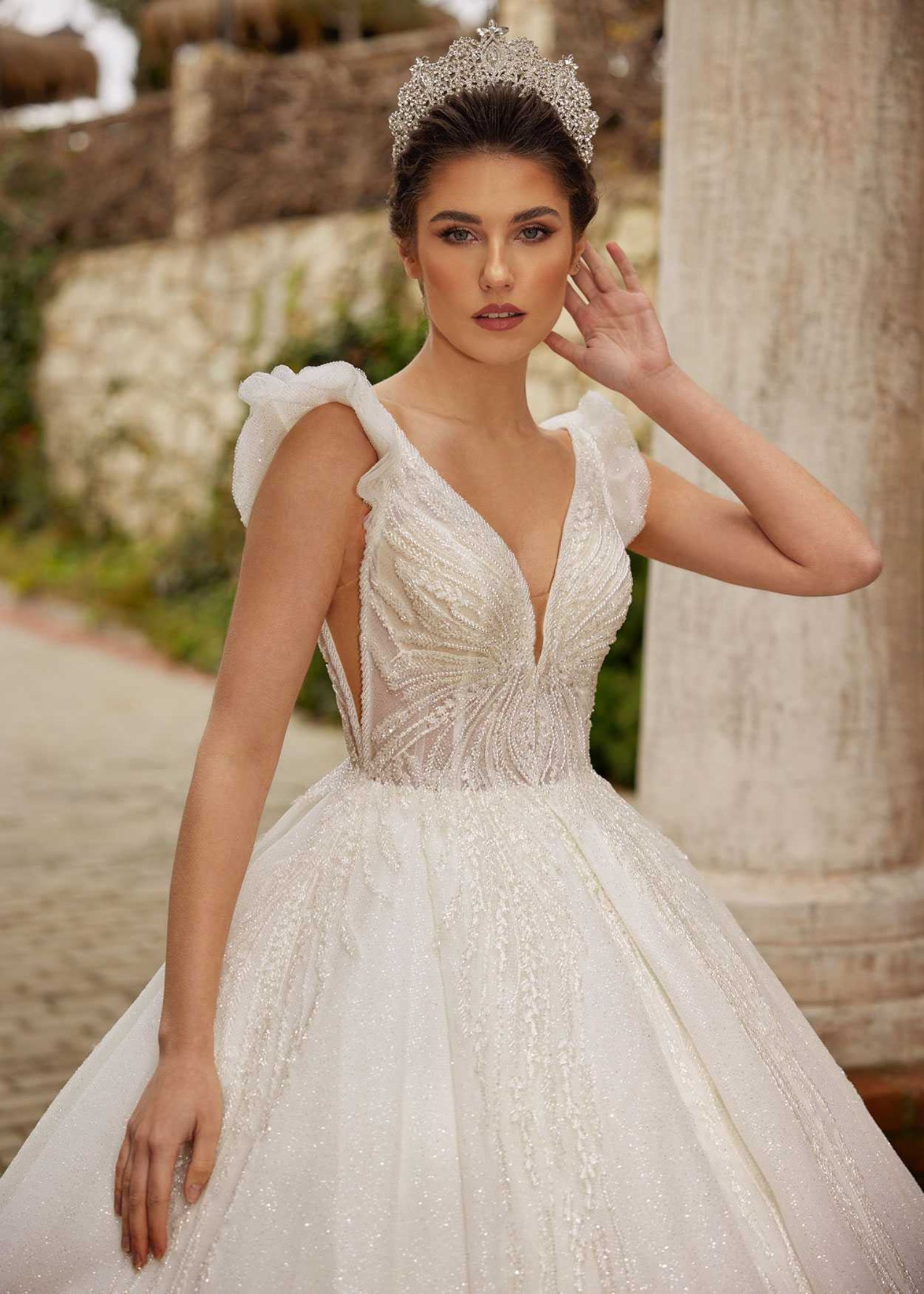 Beautiful Ruffled Sleeveless A Line Deep V Neck Wedding Dress With Pearls 40