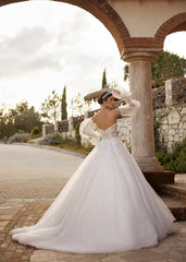 buy Off Shoulder Puff Long Sleeve Floral Lace A Line Summer Beach Wedding Dress