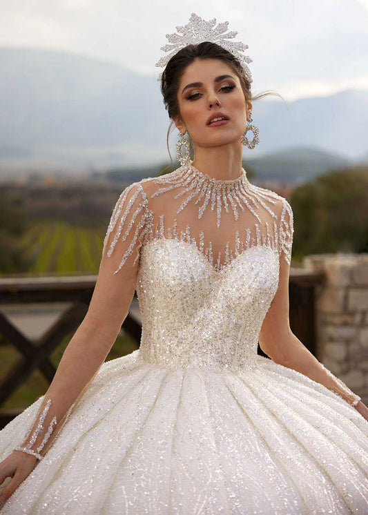 Buy Luxury Turtle Neck Crystal Wedding Gown With Long Sheer Sleeve plus sizes online bridal websites